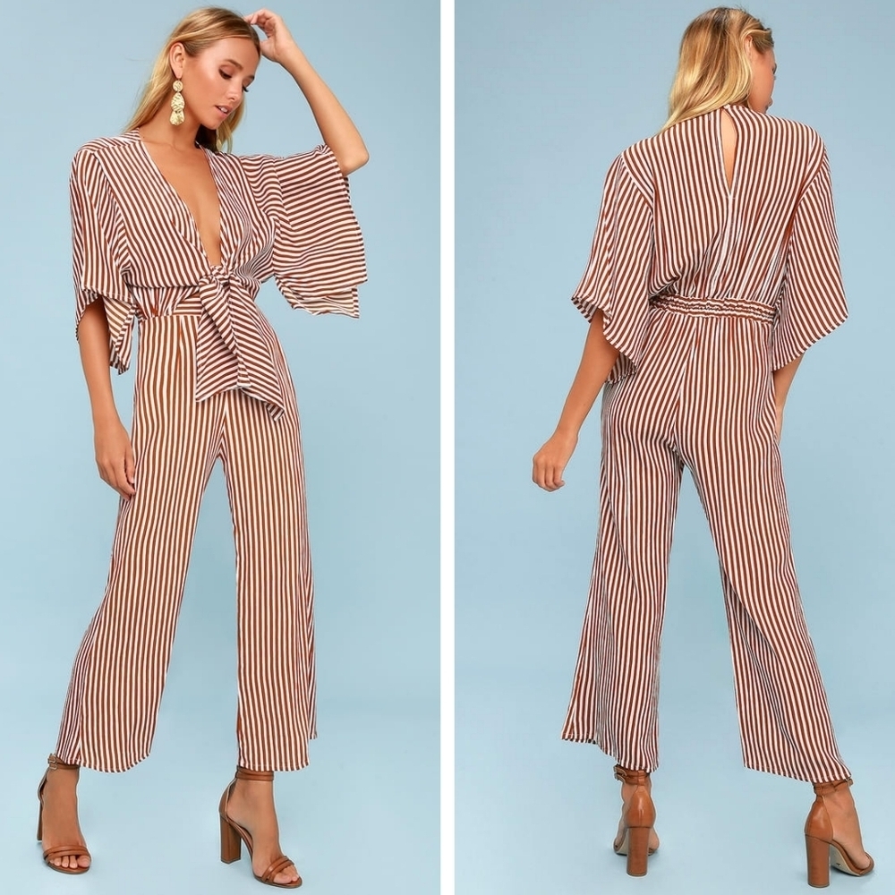 Faithfull the Brand Tilos Rust Red Striped Tie-Front Jumpsuit size 6